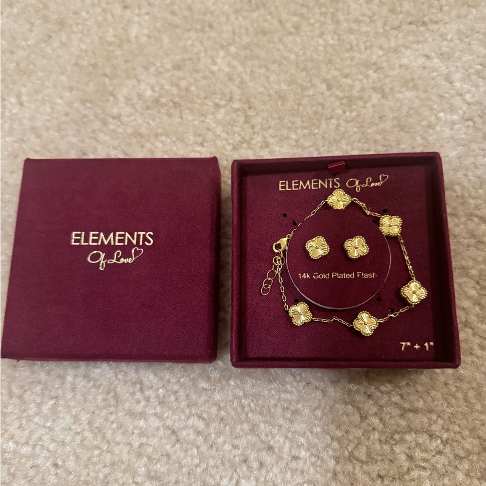 Elements of Love 14K Gold Plated Bracelet & Stud Earring Set